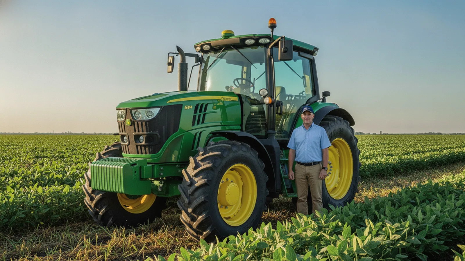 Blindagem de pneus TEX para o agro: trator agrícola na lavoura de soja com o produtor ao lado do pneu