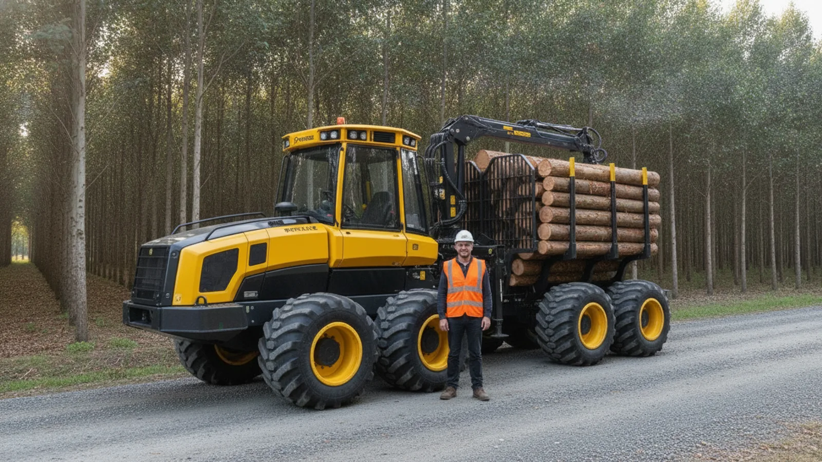 Blindagem de pneus TEX para o setor florestal: forwarder de oito rodas carregado de toras de eucalipto