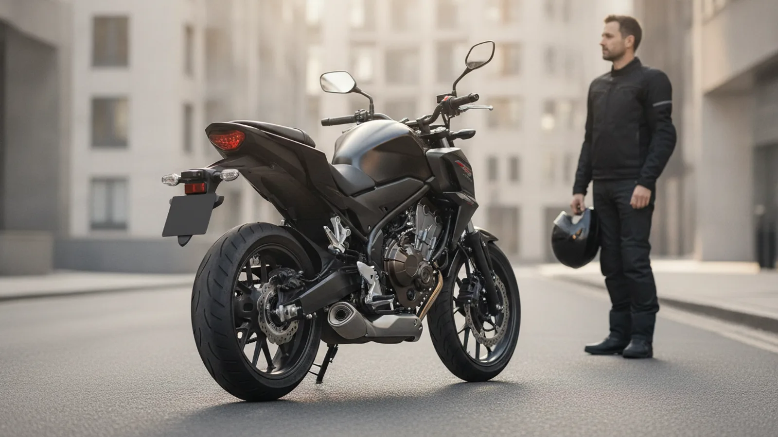 Blindagem de pneus TEX para motocicletas: moto naked estacionada na rua com o piloto ao lado