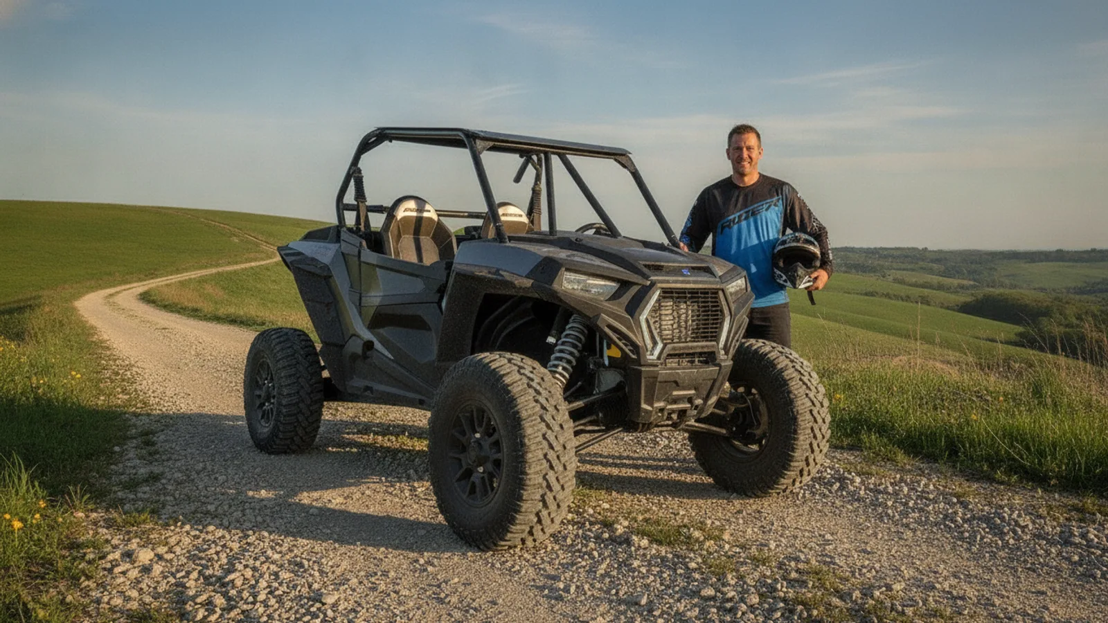 Blindagem de pneus TEX para off road esportivo: UTV em trilha de cascalho com o piloto ao lado