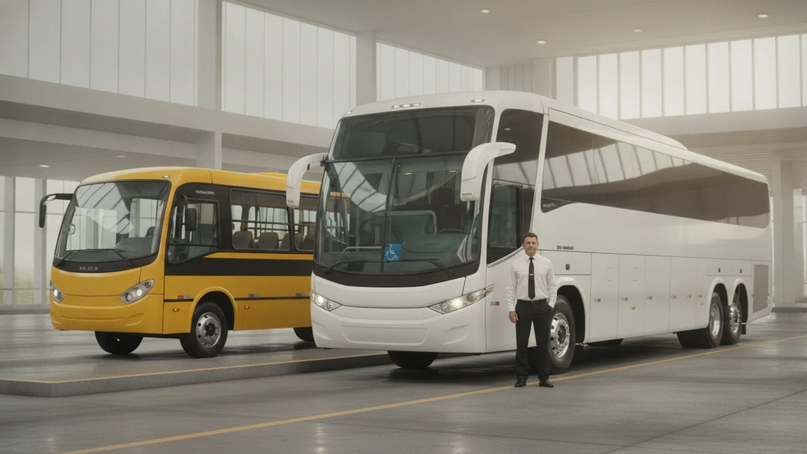 Blindagem de pneus TEX para ônibus: ônibus rodoviário e ônibus escolar lado a lado no terminal