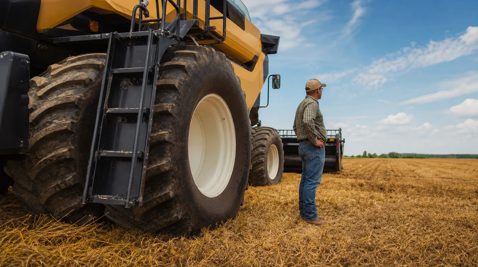 Pneu agrícola fotorrealista em campo com a frase agricola ja colhemos ha 15 anos sem selante por que comecar agora em destaqu
