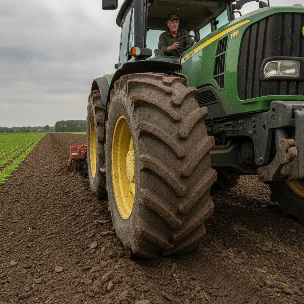 Detalhe de pneu agrícola em solo úmido, investigando mitos sobre o selante de pneu agrícola e sua aderência