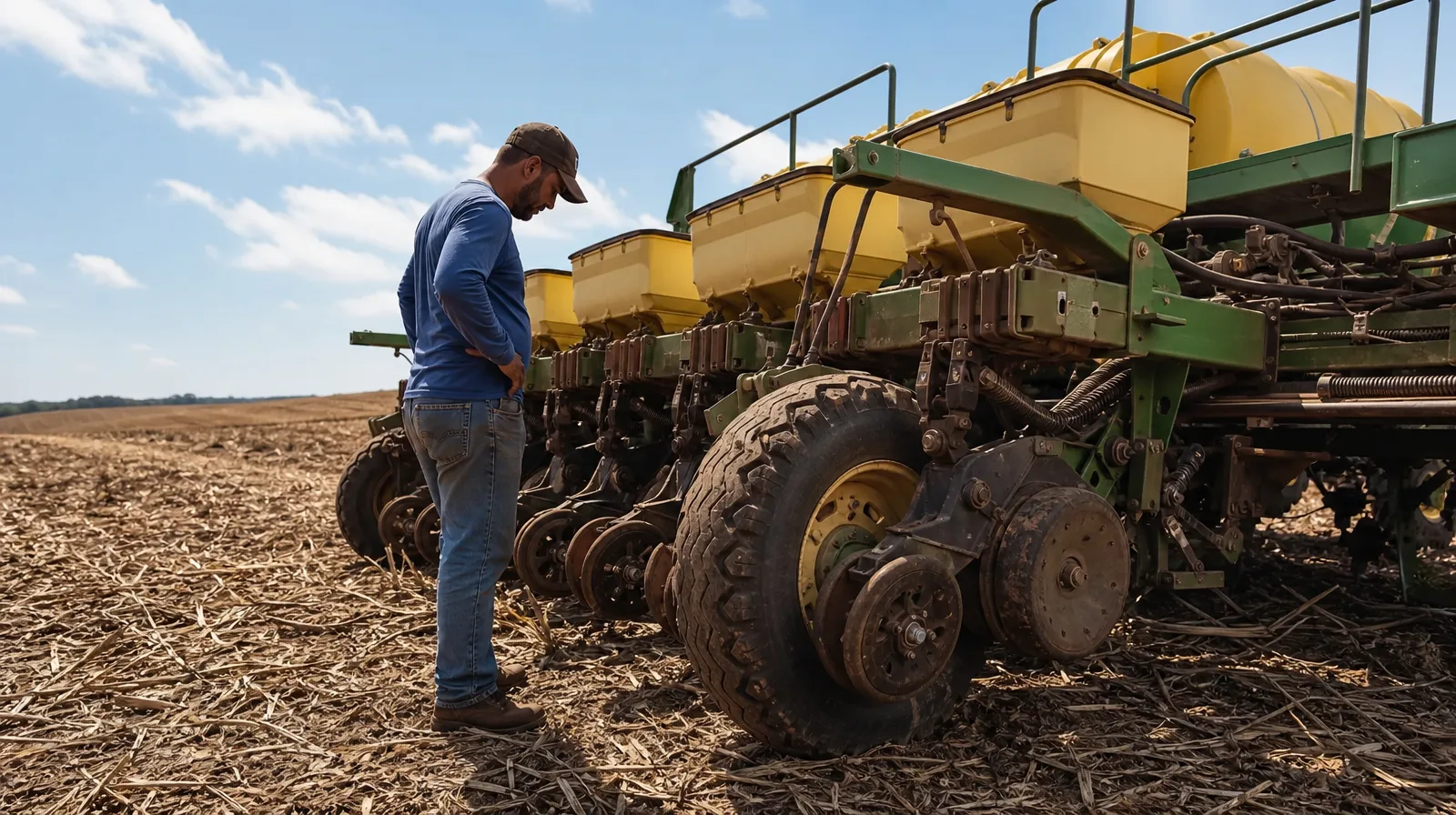 Pneu de veículo agricola em plantadeira alugada Claas CNH com proprietário não permite mexe em campo fotorrealista