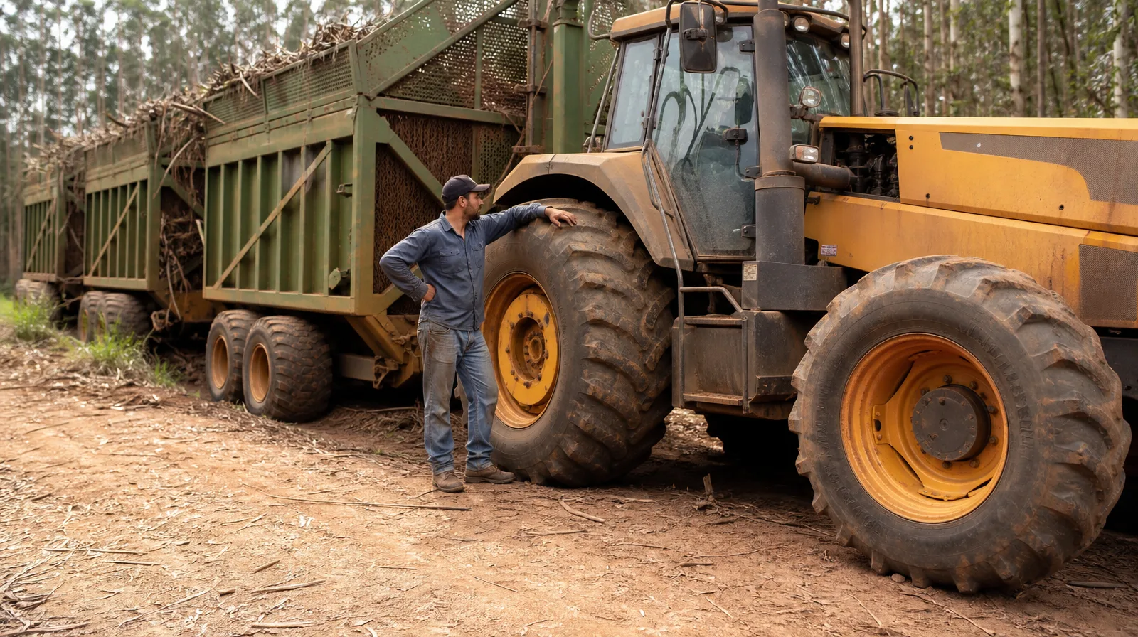 Pneu agrícola de transbordo e pneu florestal específico Pirelli R4 SEL em veículo fotorrealista no campo