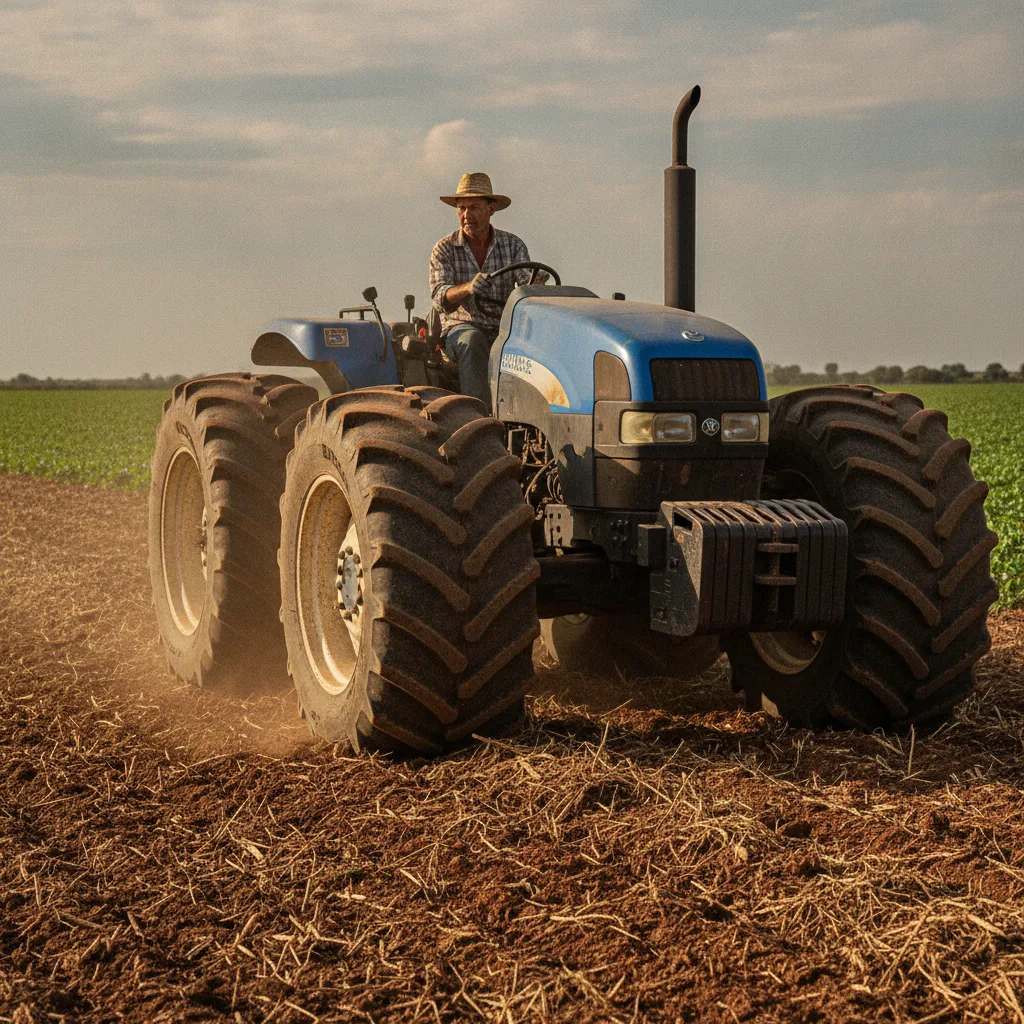 Trator agrícola em lavoura com pneu robusto, destacando o preparo conservacionista e o risco de furos