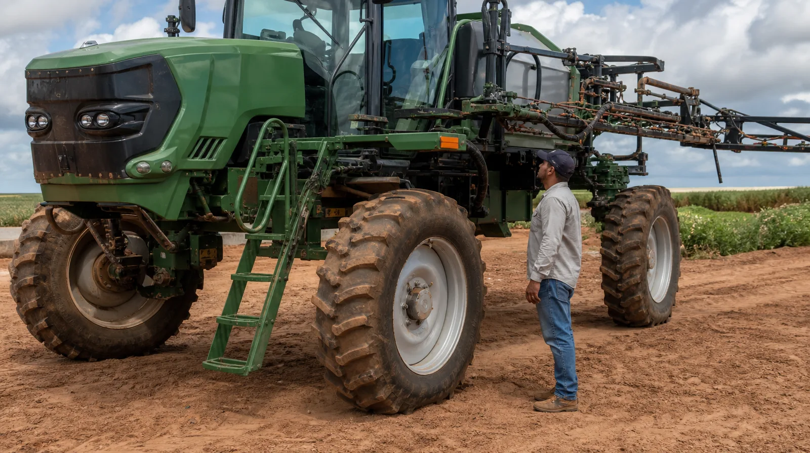 Pneu de agricola pulverizador de pequeno porte com medida atipica funciona em veículo fotorrealista no campo