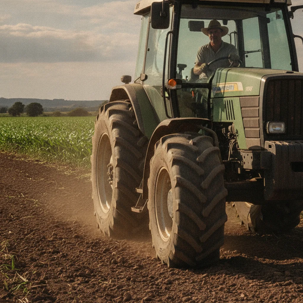Pneu de trator agrícola em solo, refletindo a física por trás da redução de temperatura no pneu agrícola