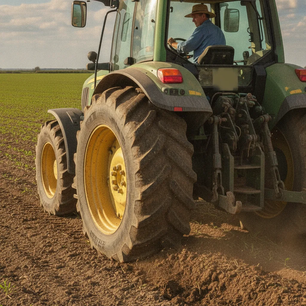 Trator agrícola robusto com pneu grande, evidenciando a importância do selante em pneu agrícola para safras curtas