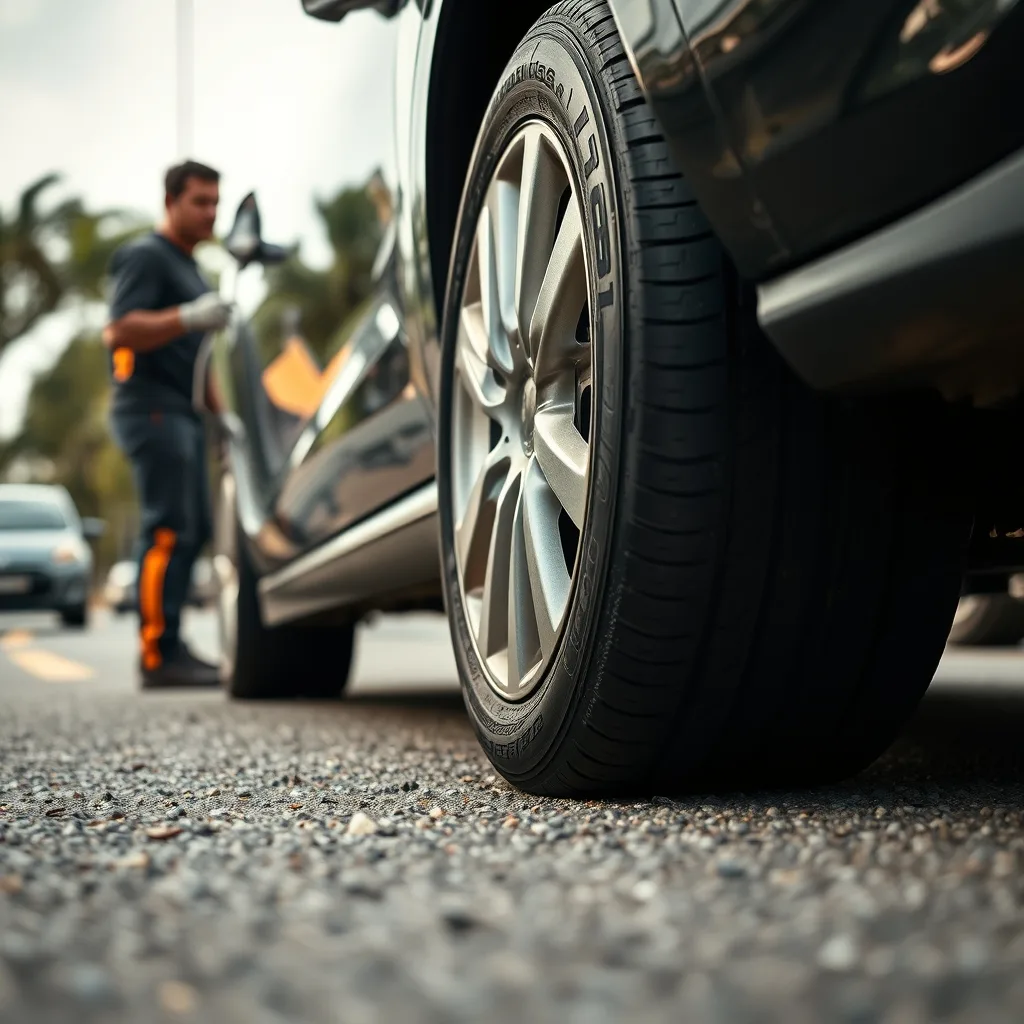 Imagem fotorrealista de um automóvel moderno com pneus de alta performance em uma estrada deslumbrante, destacando a categori