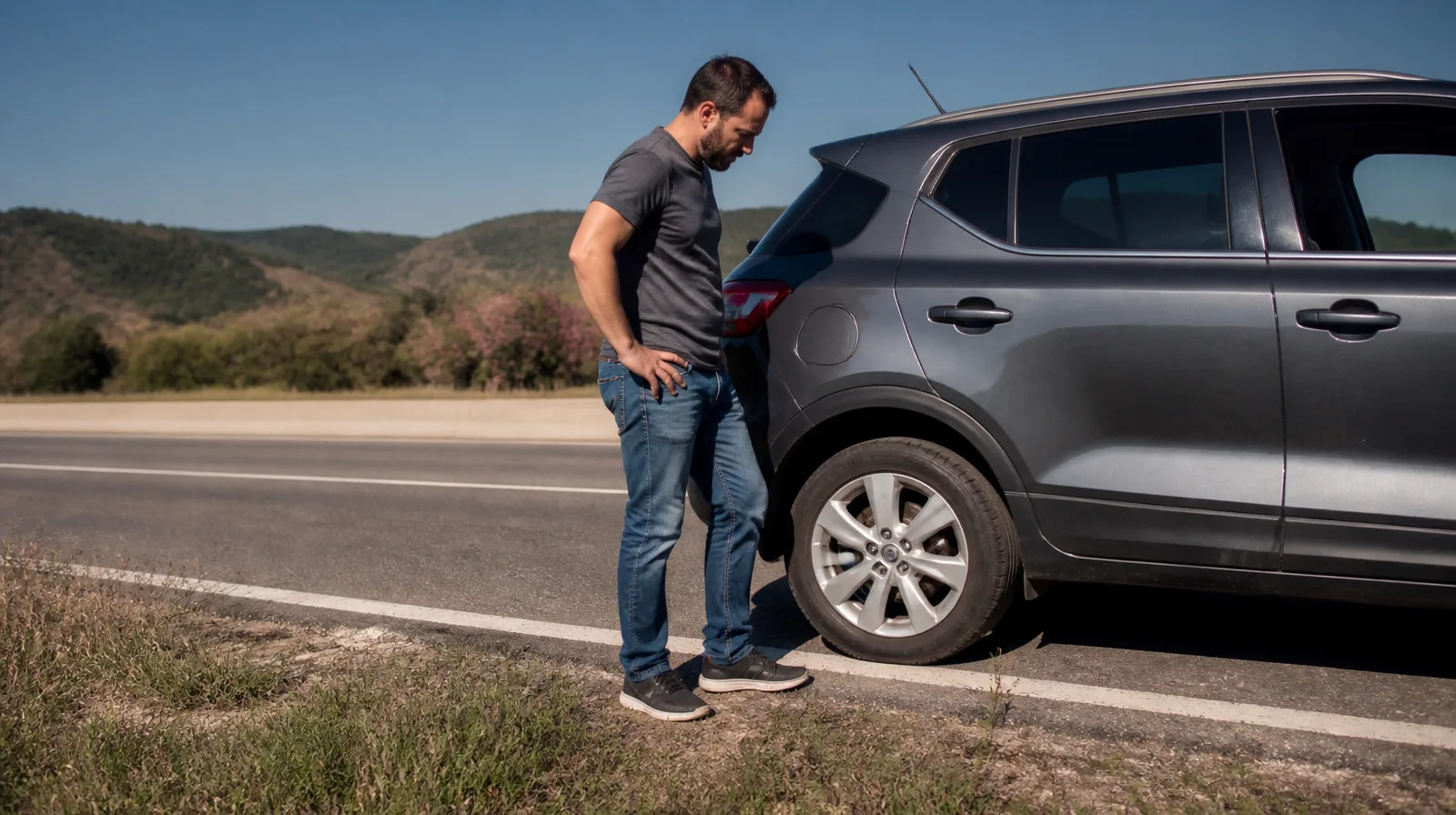 Pneu de automóveis meu pneu e novo risco baixo de furar em veículo fotorrealista na estrada