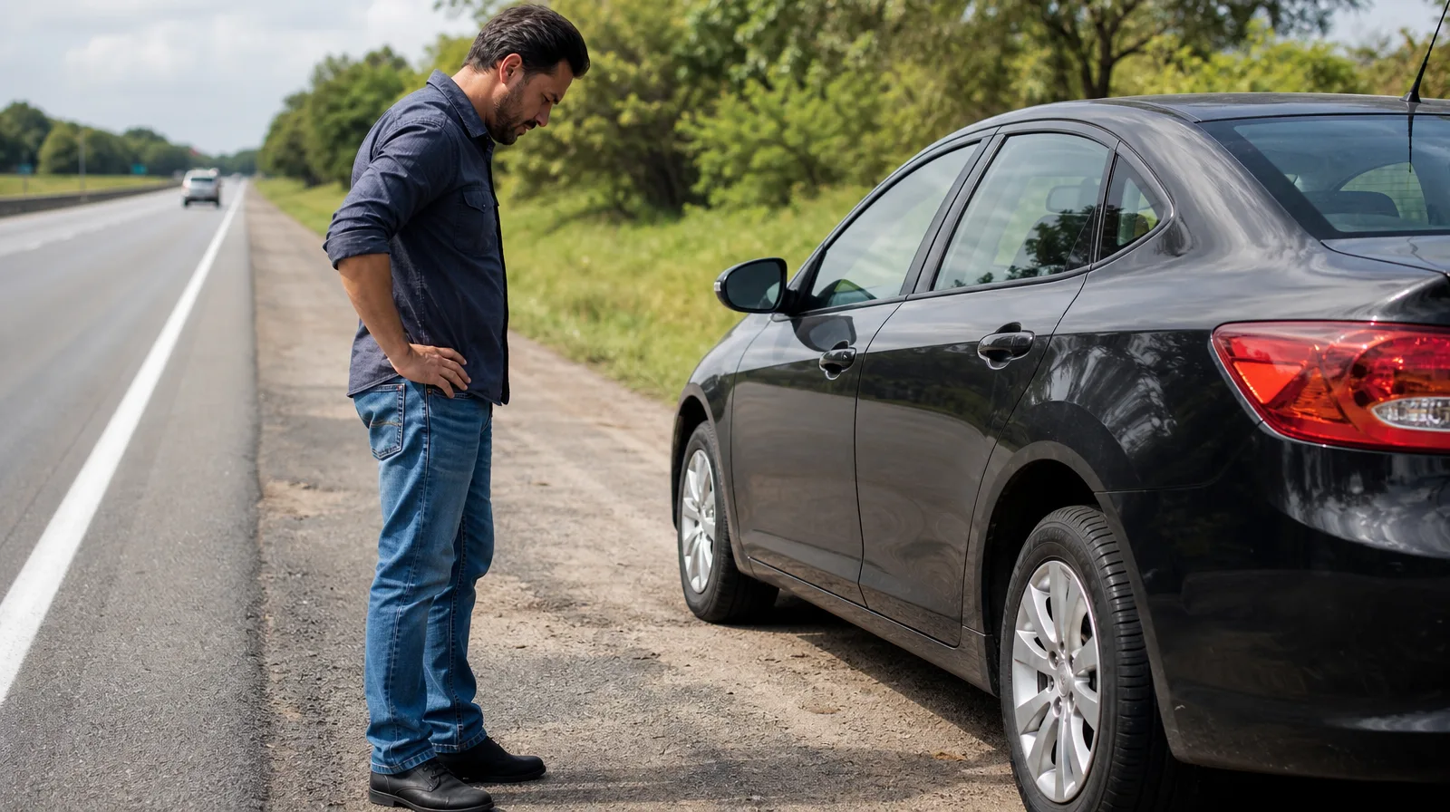 Automoveis minha esposa nao sabe usar o selante se furar em pneu fotorrealista de carro parado na estrada
