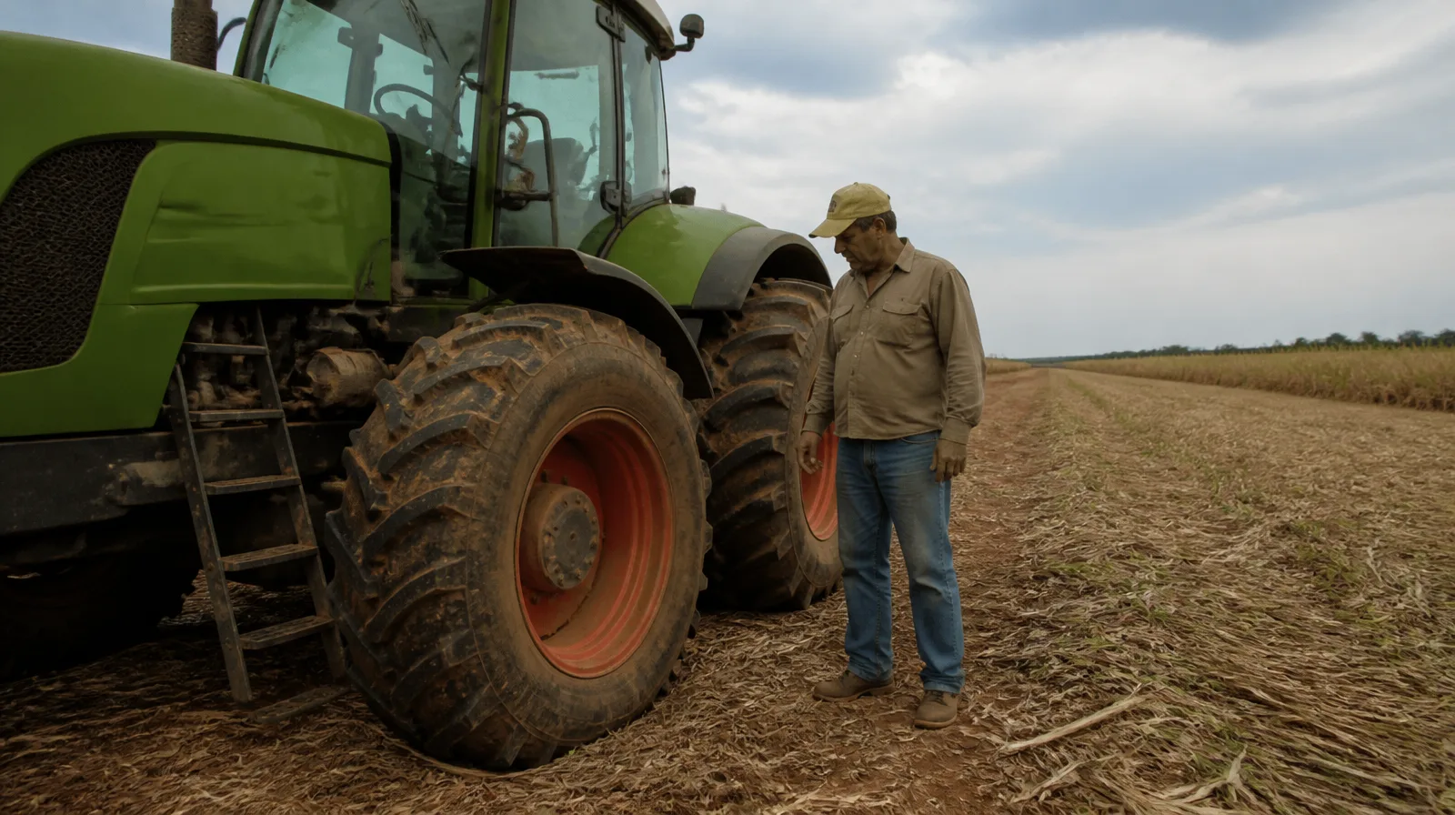 Pneu de veículo agro em campo, destacando robustez e desempenho para operações rurais