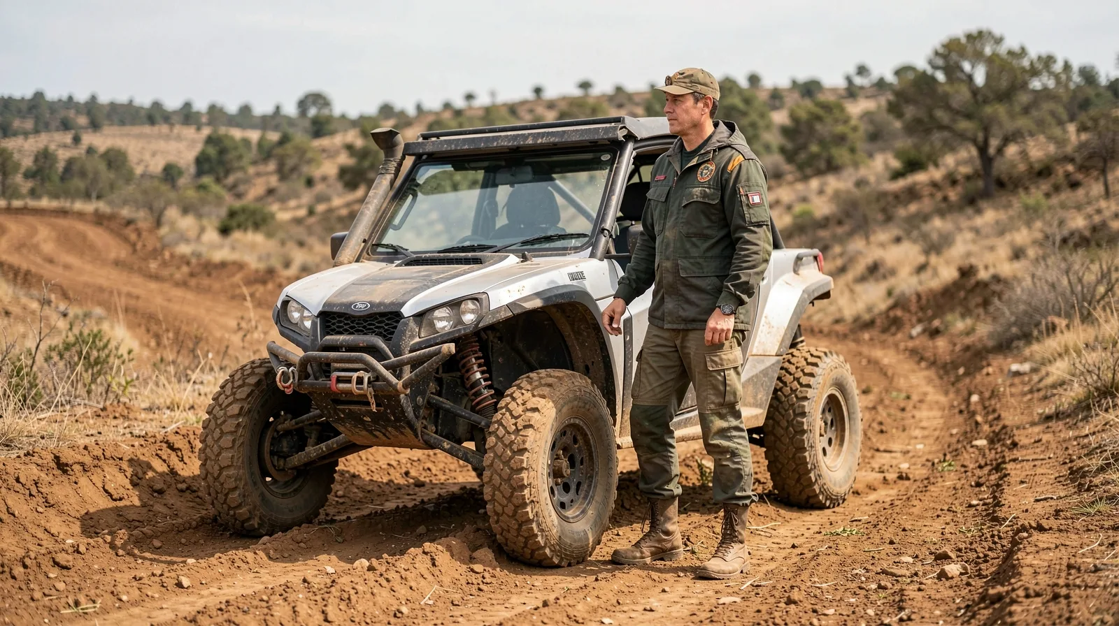 Pneu de veículo off-road esportivo em terreno acidentado, destacando robustez e performance extrema