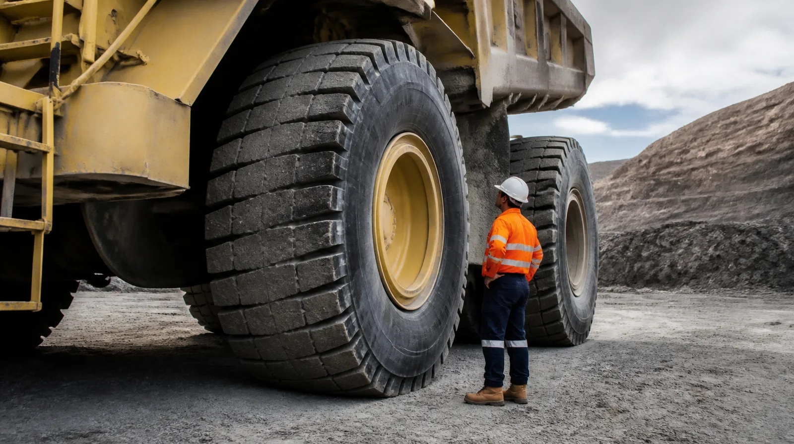 Pneu de máquina de mineração com blindagem de pneu de maquina de mineração em cenário OTR fotorrealista