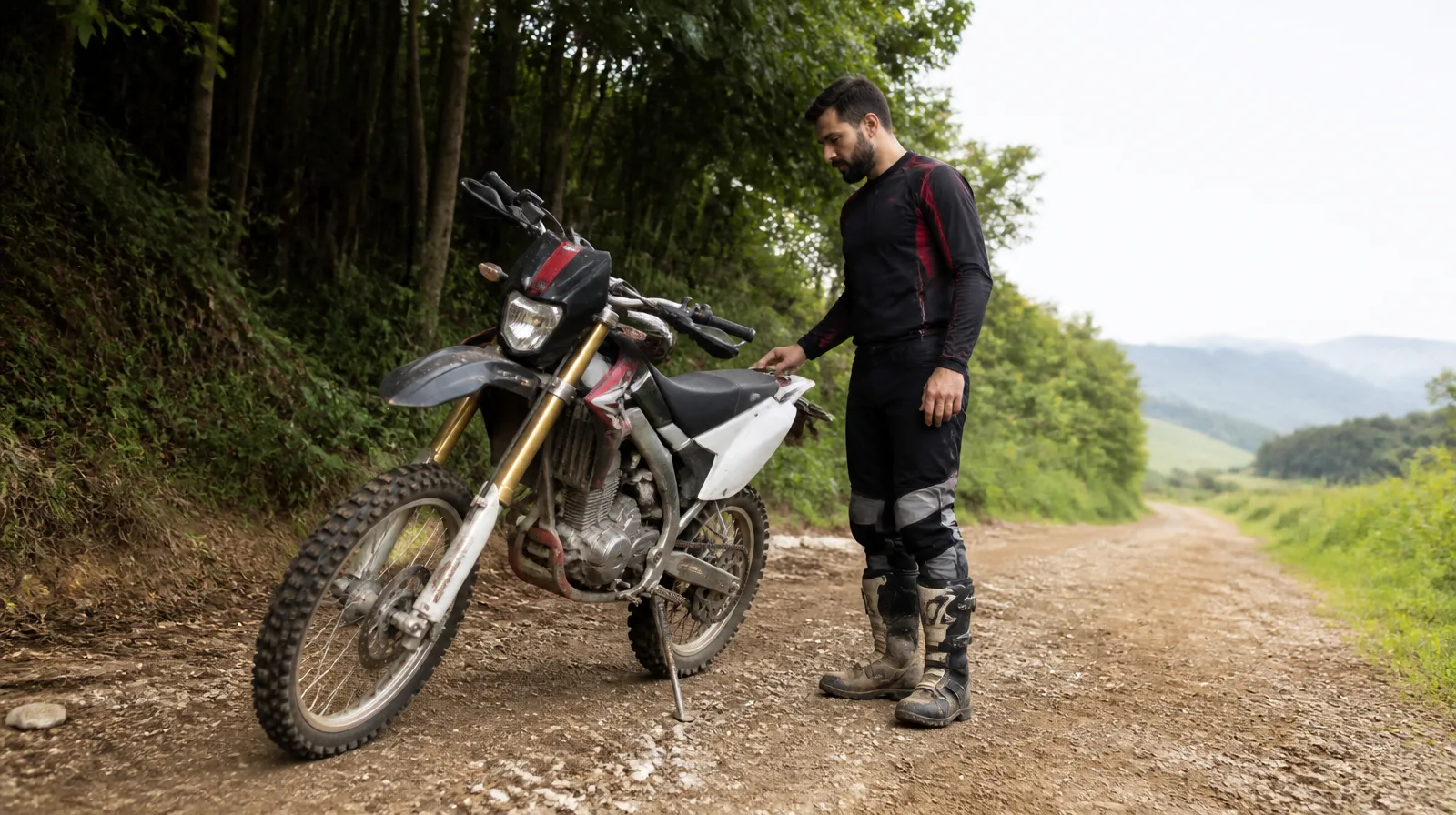 Moto com pneu em destaque em ambiente fotorrealista para artigo sobre moto