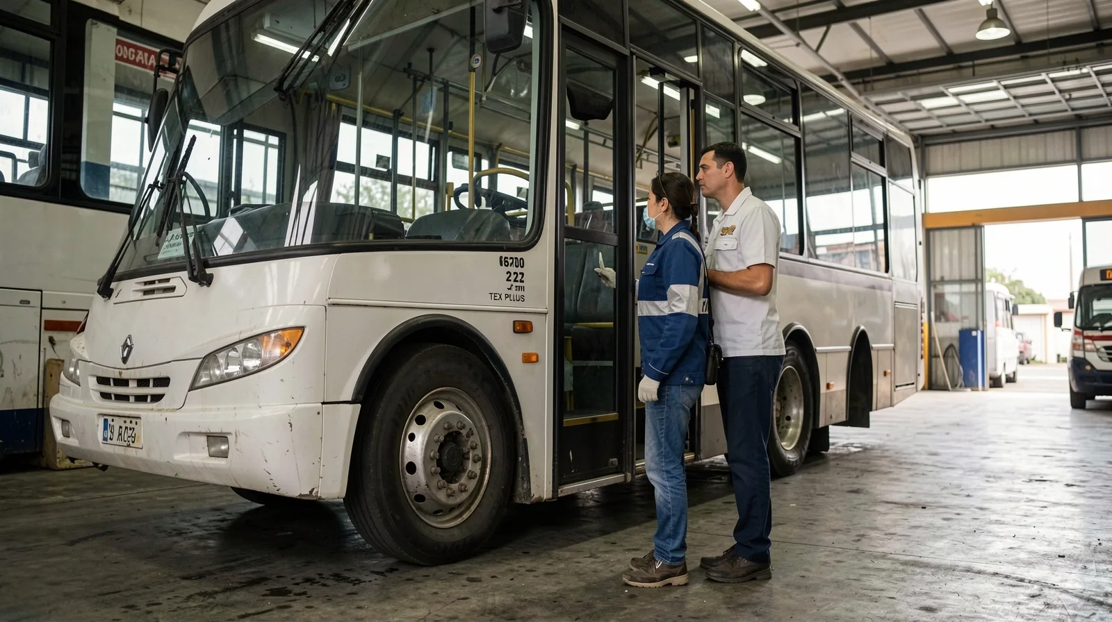 Ônibus em perspectiva fotorrealista com pneu em destaque para o segmento ônibus
