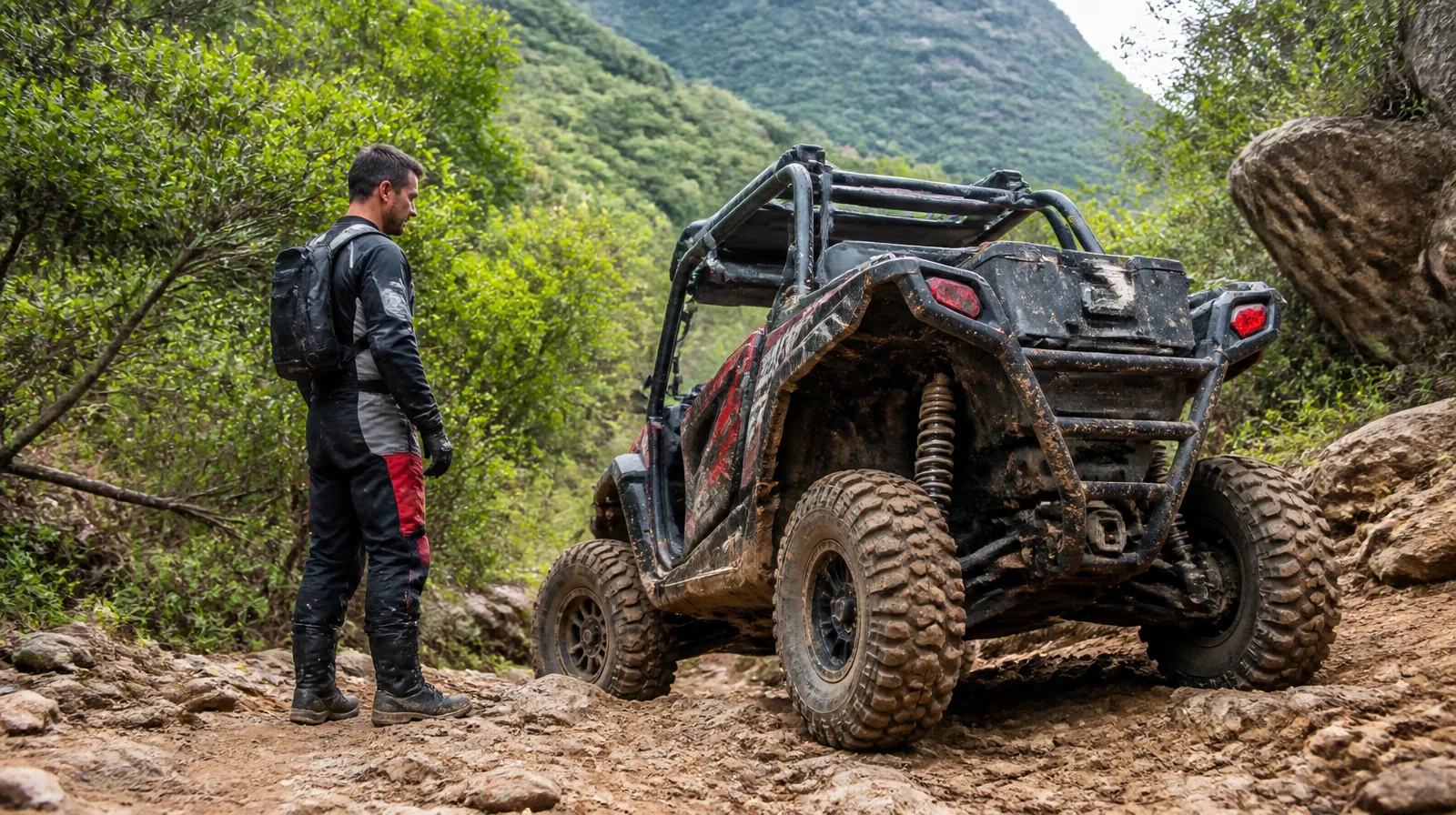 Pneu de veículo off-road esportivo em terreno acidentado, destacando força e desempenho extremo