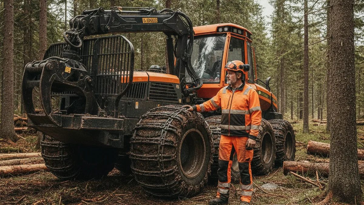 Skidder florestal com pneus de garra em estrada de talhão, operador conferindo o pneu