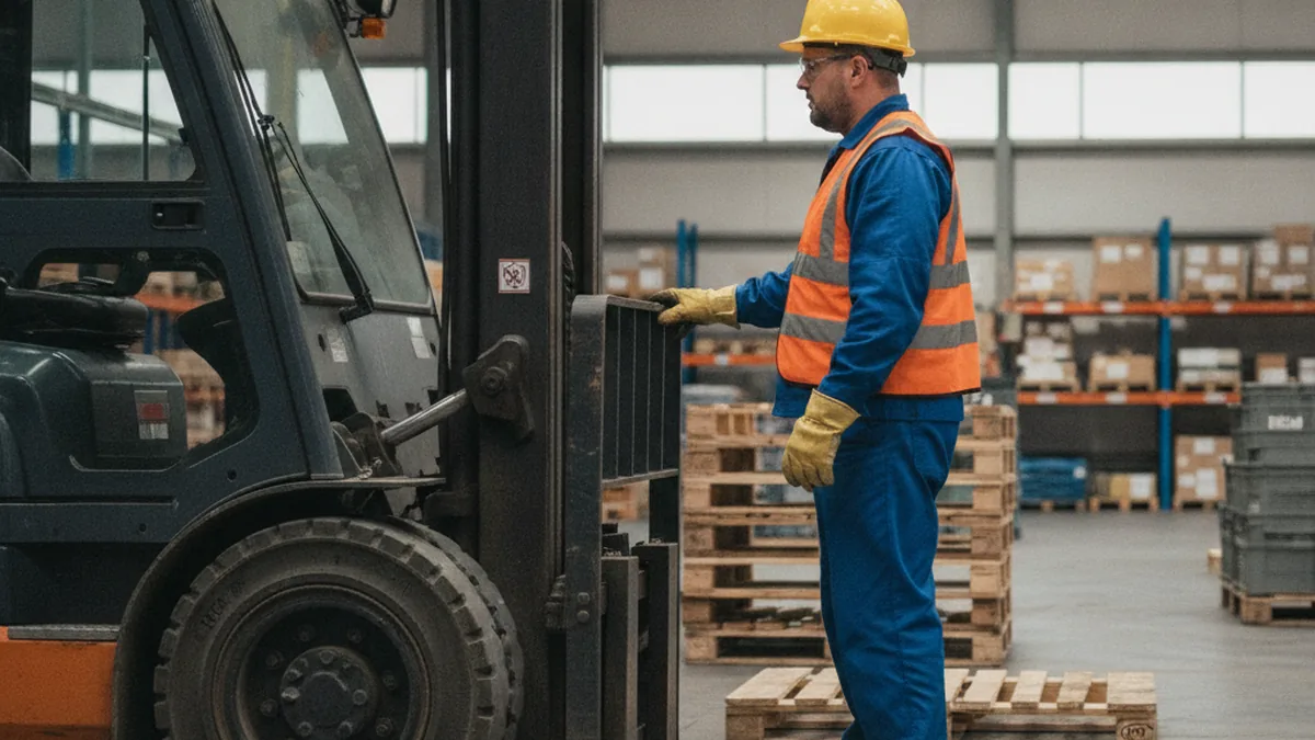 Trator de pátio industrial com pneus pneumáticos, operador conferindo o pneu junto ao equipamento