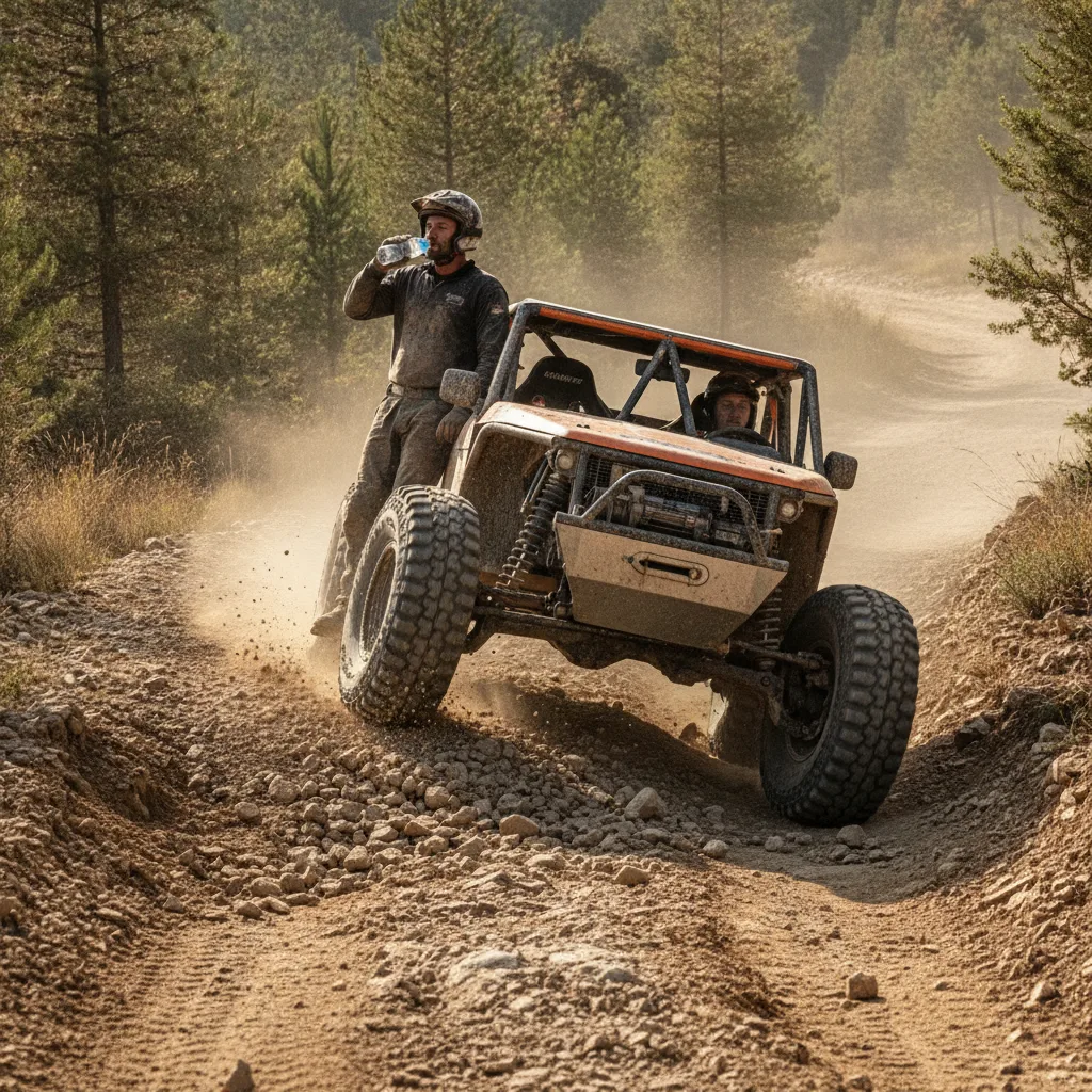 ATV esportivo superando obstáculo em trilha, Pneus Novos no ATV prontos para selagem e aventura