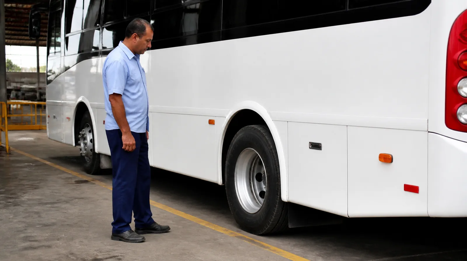 Ônibus urbano em destaque com pneus robustos em pista molhada, imagem fotorrealista do ônibus