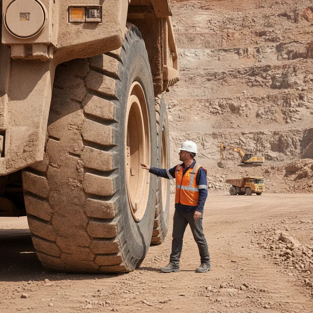 Pneu OTR gigante em mina, evidenciando a tecnologia de blindagem de pneus OTR para zero downtime