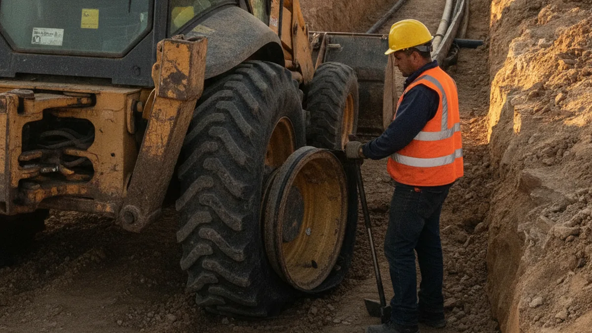 Borracheiro desmontando o conjunto roda e pneu traseiro de uma retroescavadeira em oficina de campo