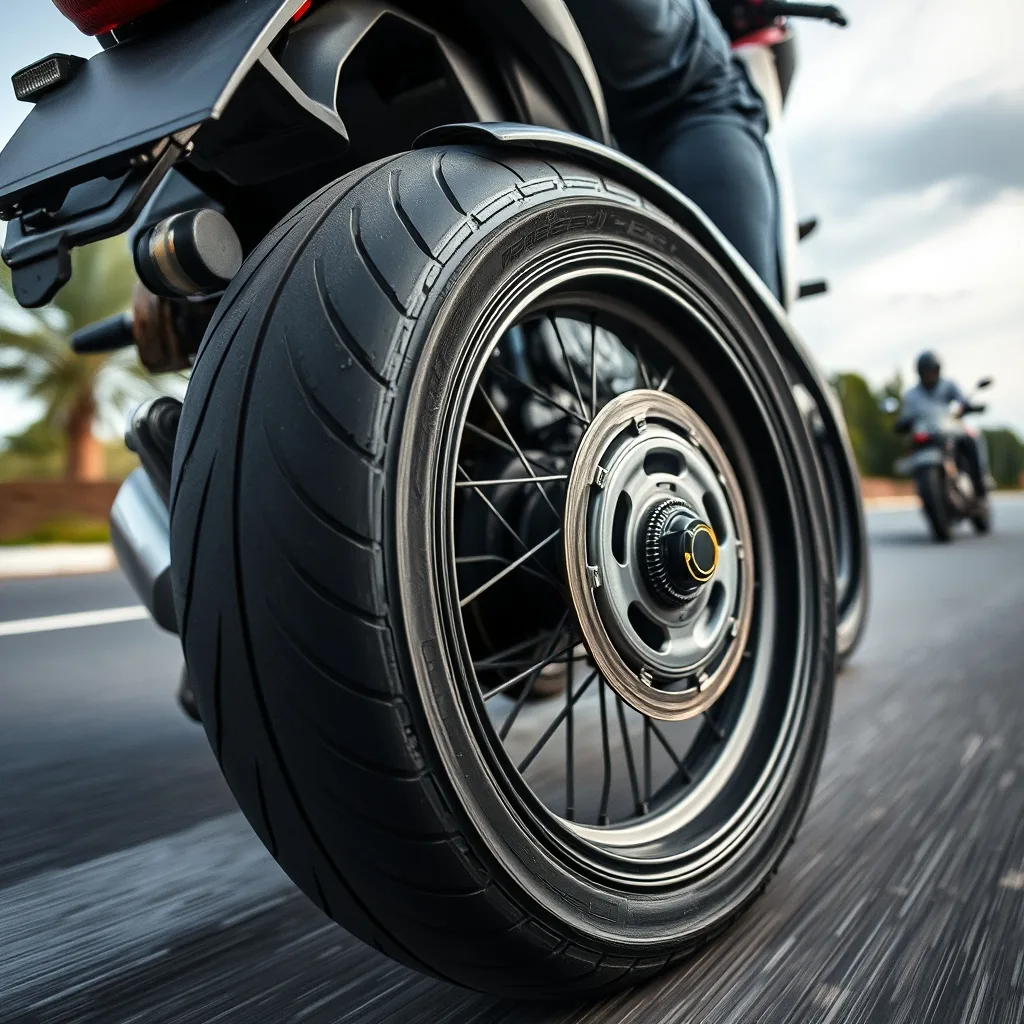 Pneu de moto robusto em rodovia, representando a segurança da blindagem de pneu de moto