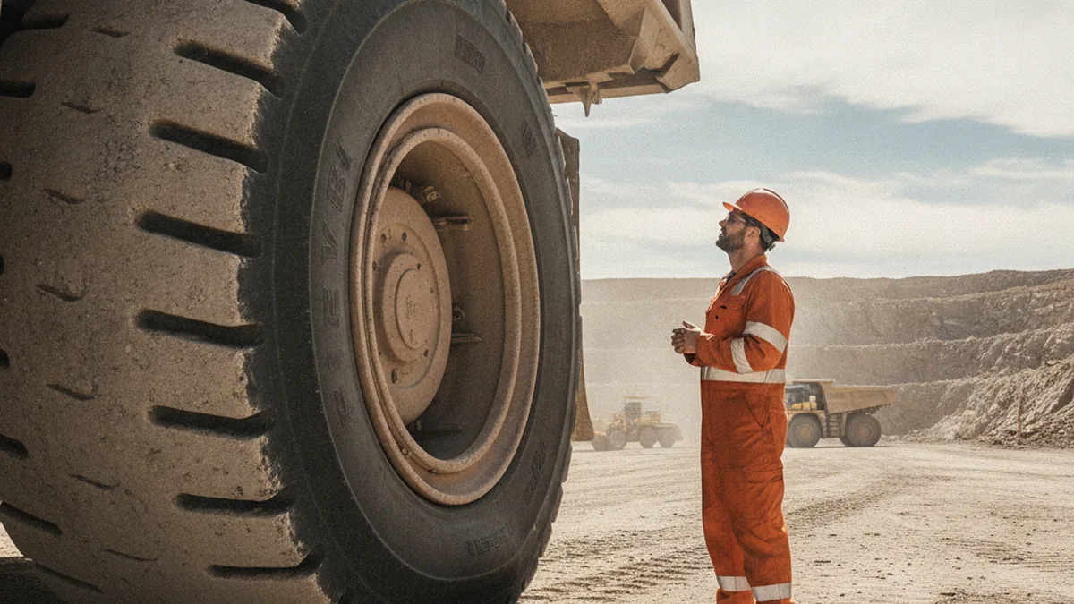 Mecânico aplicando selante em pneu OTR de grande porte na oficina de frota