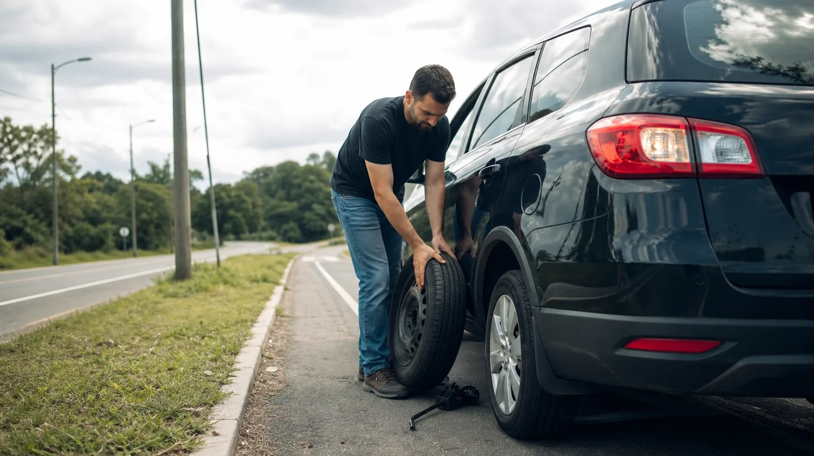 Pneu de automóvel em close com fita antifuro para moto aplicada, destacando proteção contra furos e desgaste