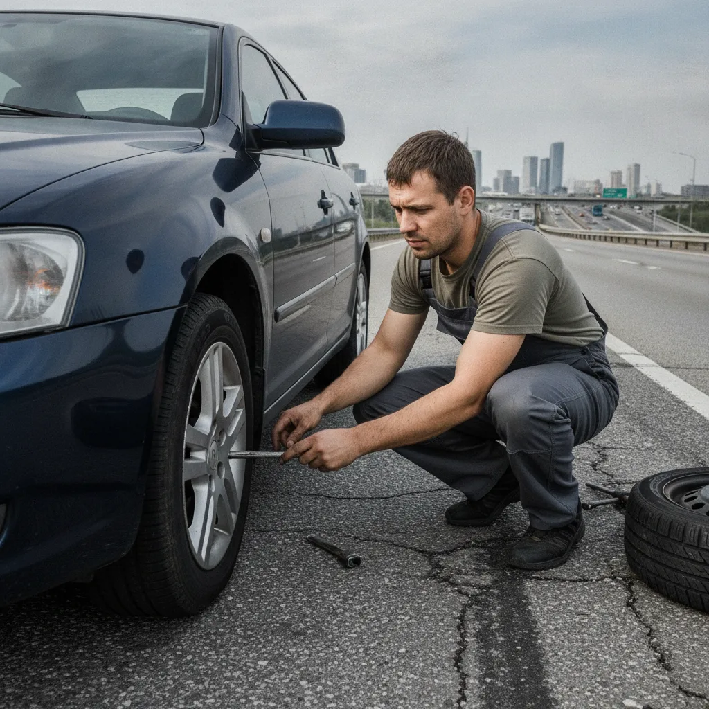 Pneu de veículo em estrada, mostrando a vulnerabilidade sem um Kit Anti-Furo Automotivo eficaz