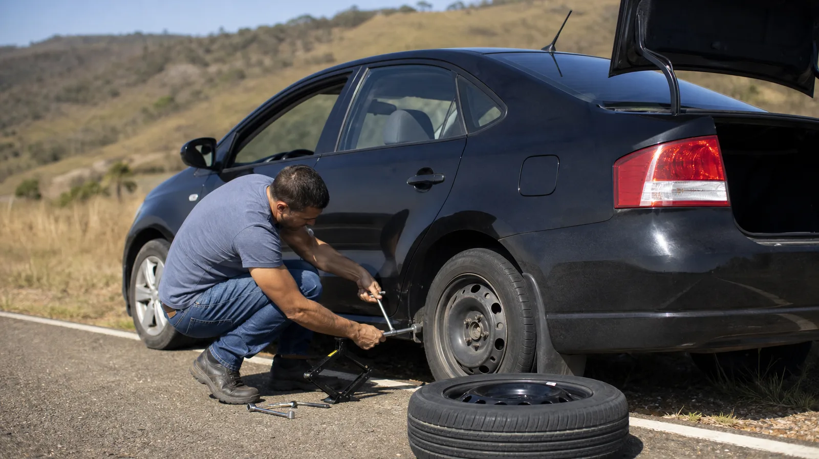 Pneu de automóvel com kit reparo tubeless em uso, imagem fotorrealista para manutenção rápida e segura