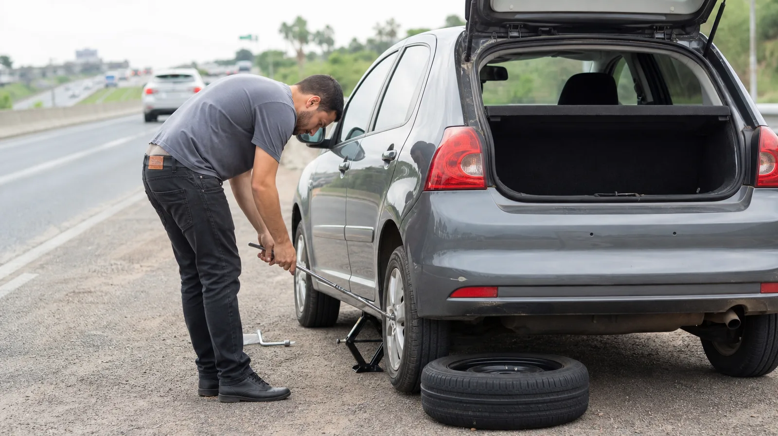 Pneu de automóvel com macarrão de reparo de pneu em cena fotorrealista de manutenção automotiva