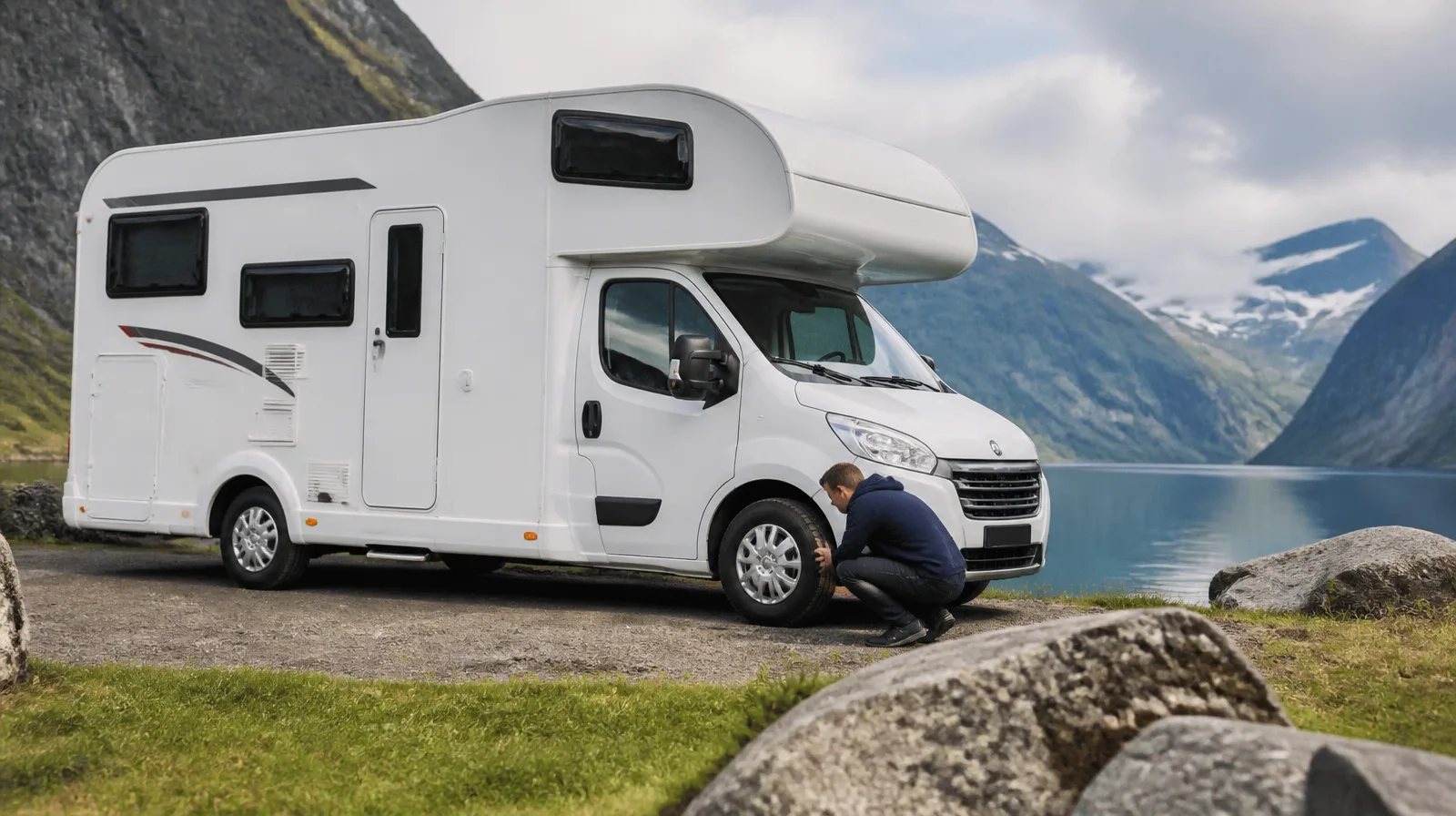 Pneu de motorhome com aplicação de melhor selante para pneu de motorhome em cenário fotorrealista turístico