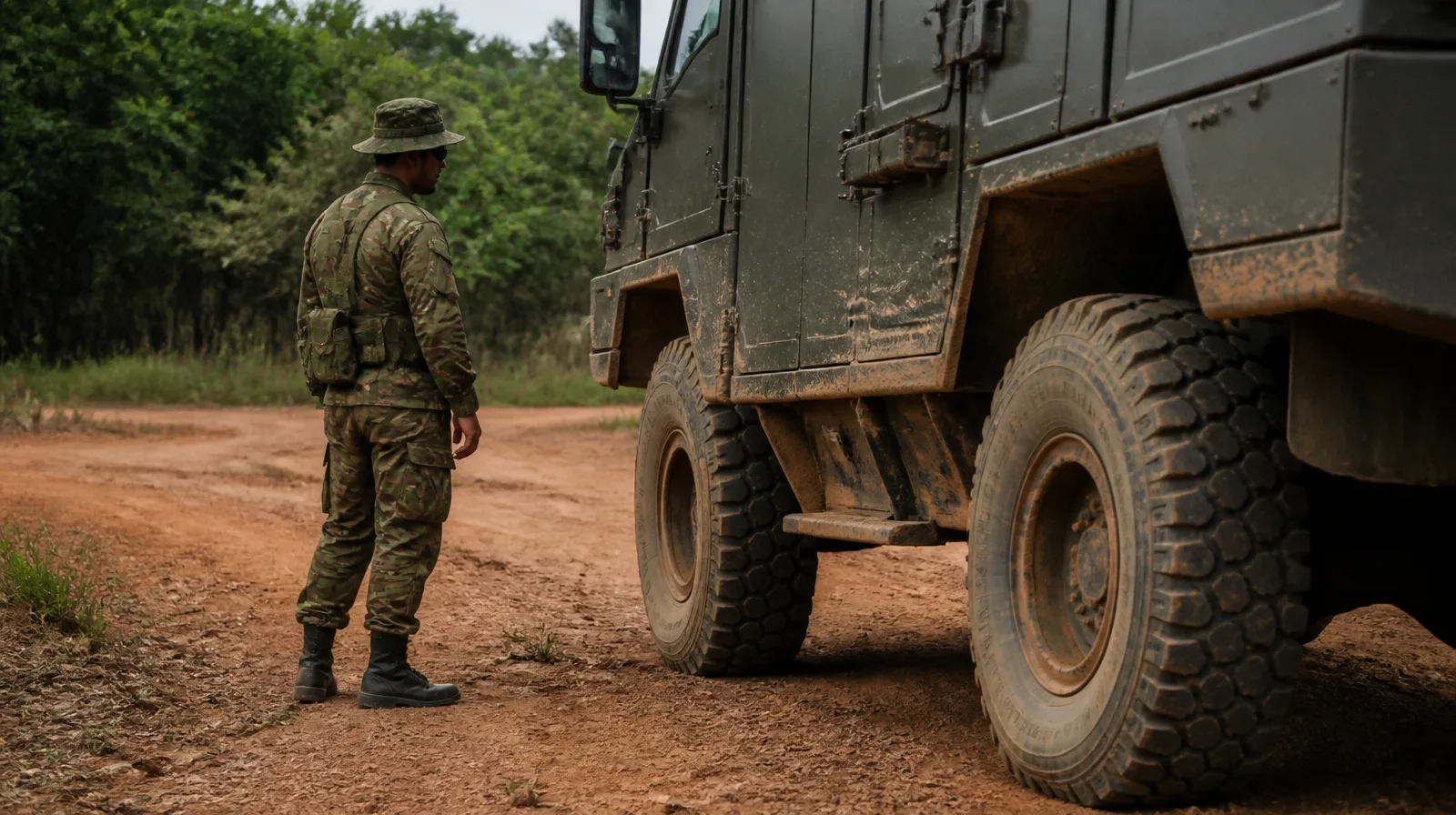 Pneu de veículo militar em terreno hostil para militar-defesa-a-fiscalizacao-ambiental-ja-opera-em-terreno-hostil-ha