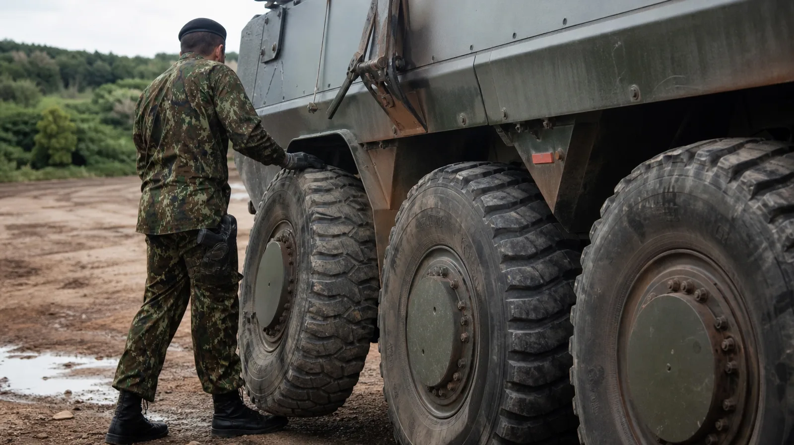 Pneu de veículo militar em manutenção, alinhado ao militar defesa o orçamento da missão já prevê item de manutenção de pn