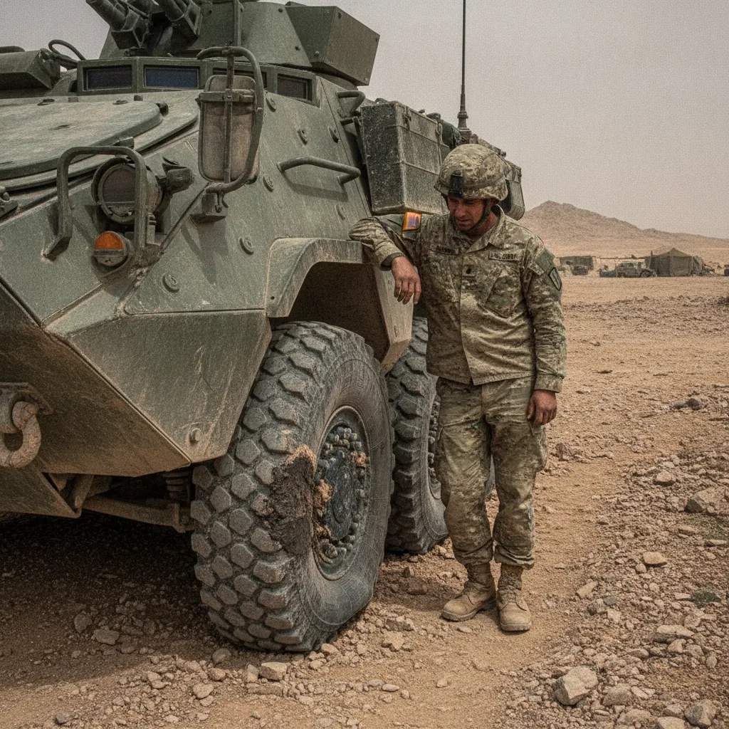 Pneu militar reforçado em veículo tático, evidenciando a Blindagem de Pneu Militar: A Garantia da Mobilidade Tática