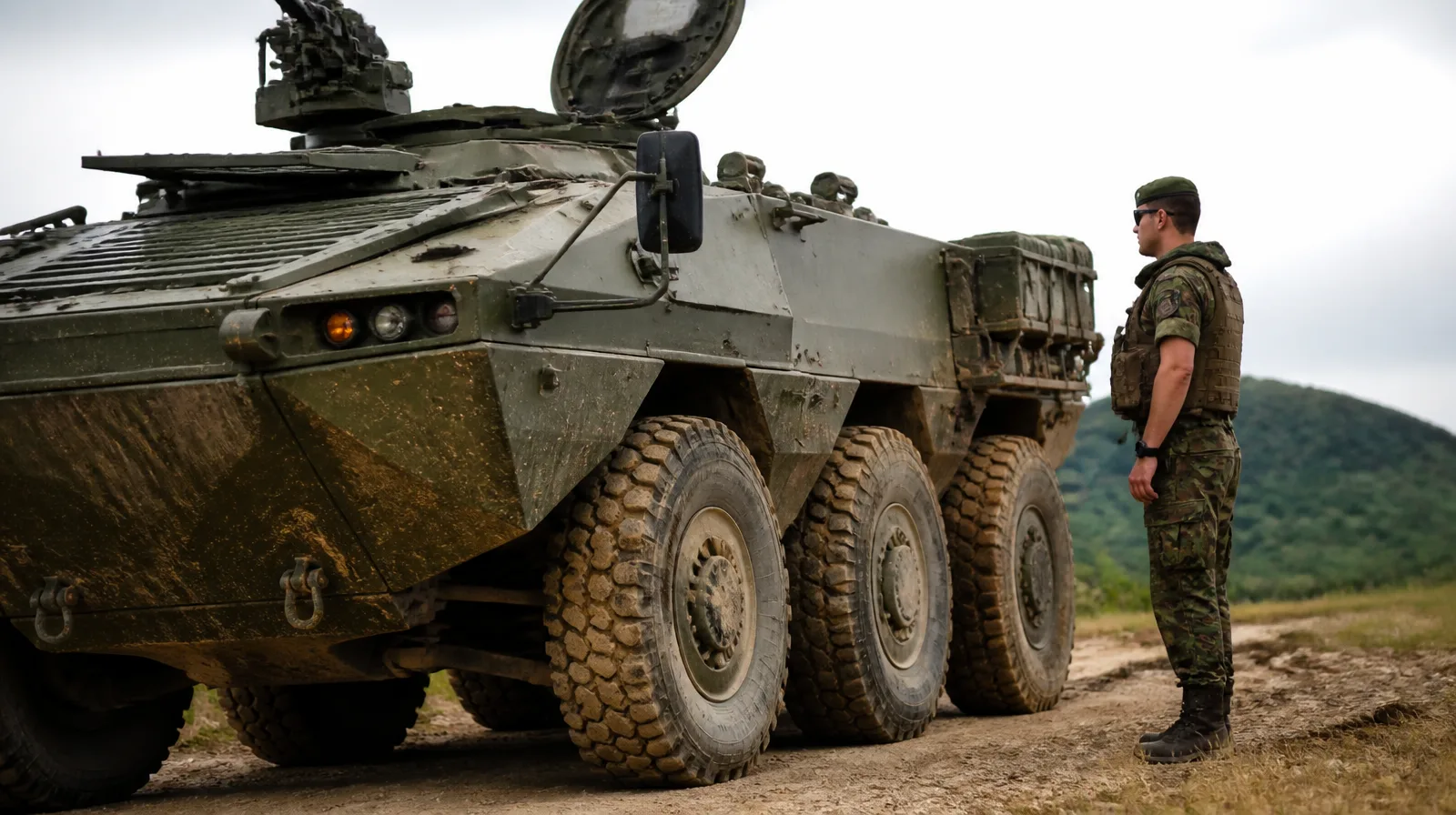 Pneu de veículo militar em operação, com militar-defesa-orcamento-de-inteligencia-e-classificado-nao-posso-auto em foco tecno