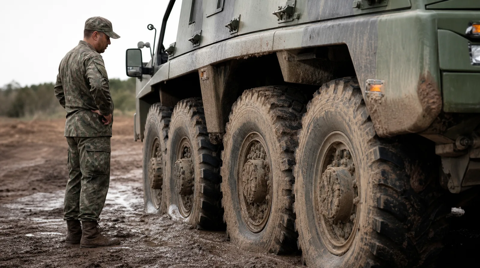 Pneu de veículo militar em cenário de defesa ilustrando militar defesa orçamento de saúde não tem verba para produto preventi