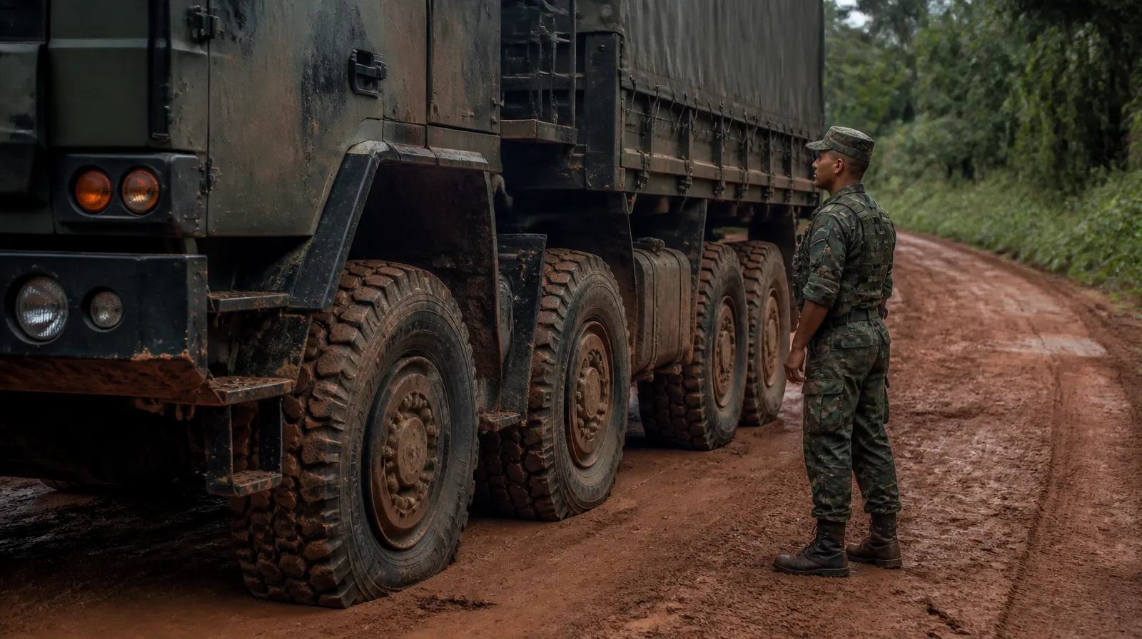 Pneu de veículo militar da ONU em manutenção própria em teatro de operações, cena fotorrealista documental