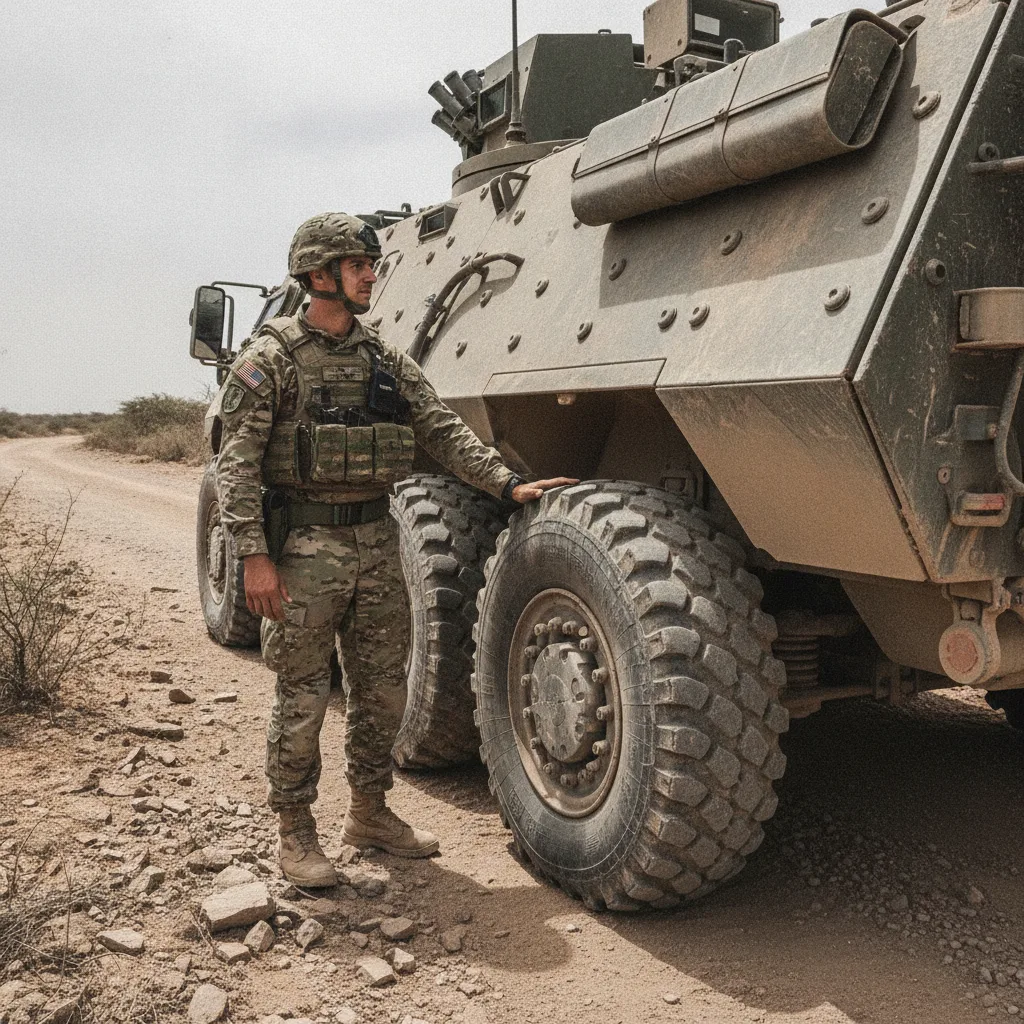 Veículo militar em missão, com pneus militares reforçados que ainda se beneficiam do selante preventivo