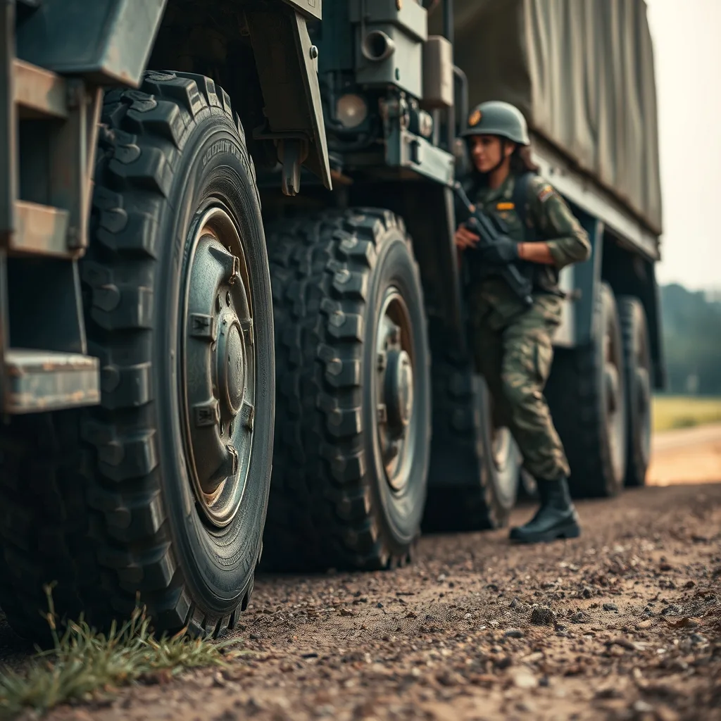 Pneu militar reforçado em veículo tático, evidenciando a Blindagem de Pneu Militar: A Garantia da Mobilidade Tática