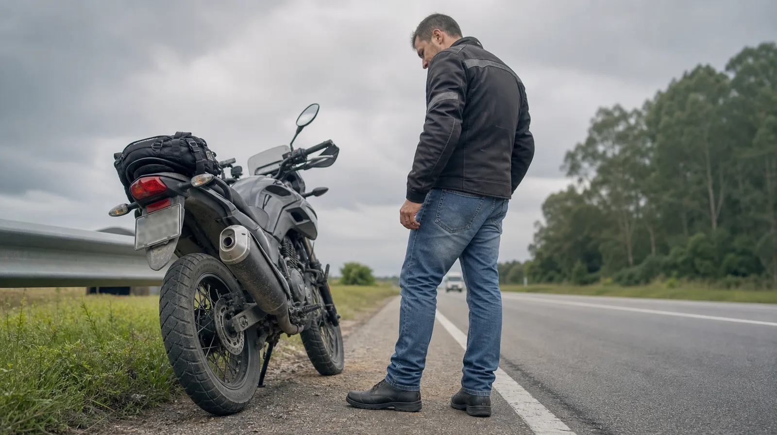 Motocicletas em destaque com pneu furo e selante visível em cenário fotorrealista de oficina, ilustrando o problema