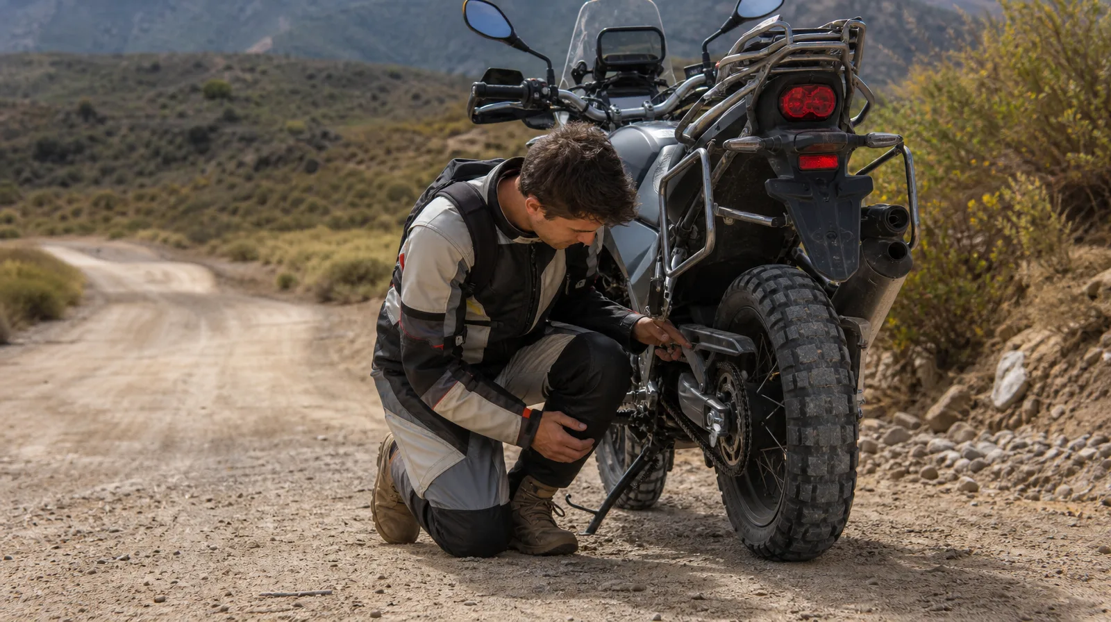 Motocicletas com kit de remendo na bolsa, pneu em foco e cenário fotorrealista de uso urbano