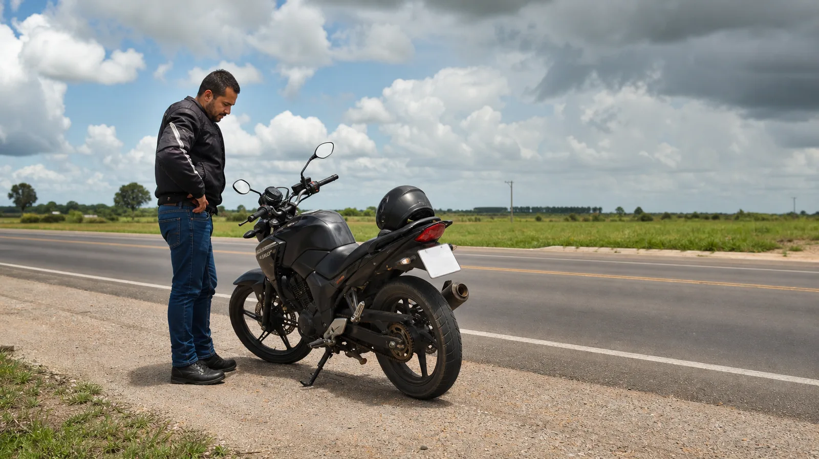 Motocicletas com pneu furado por prego, veículo rodando devagar na estrada até chegar em segurança