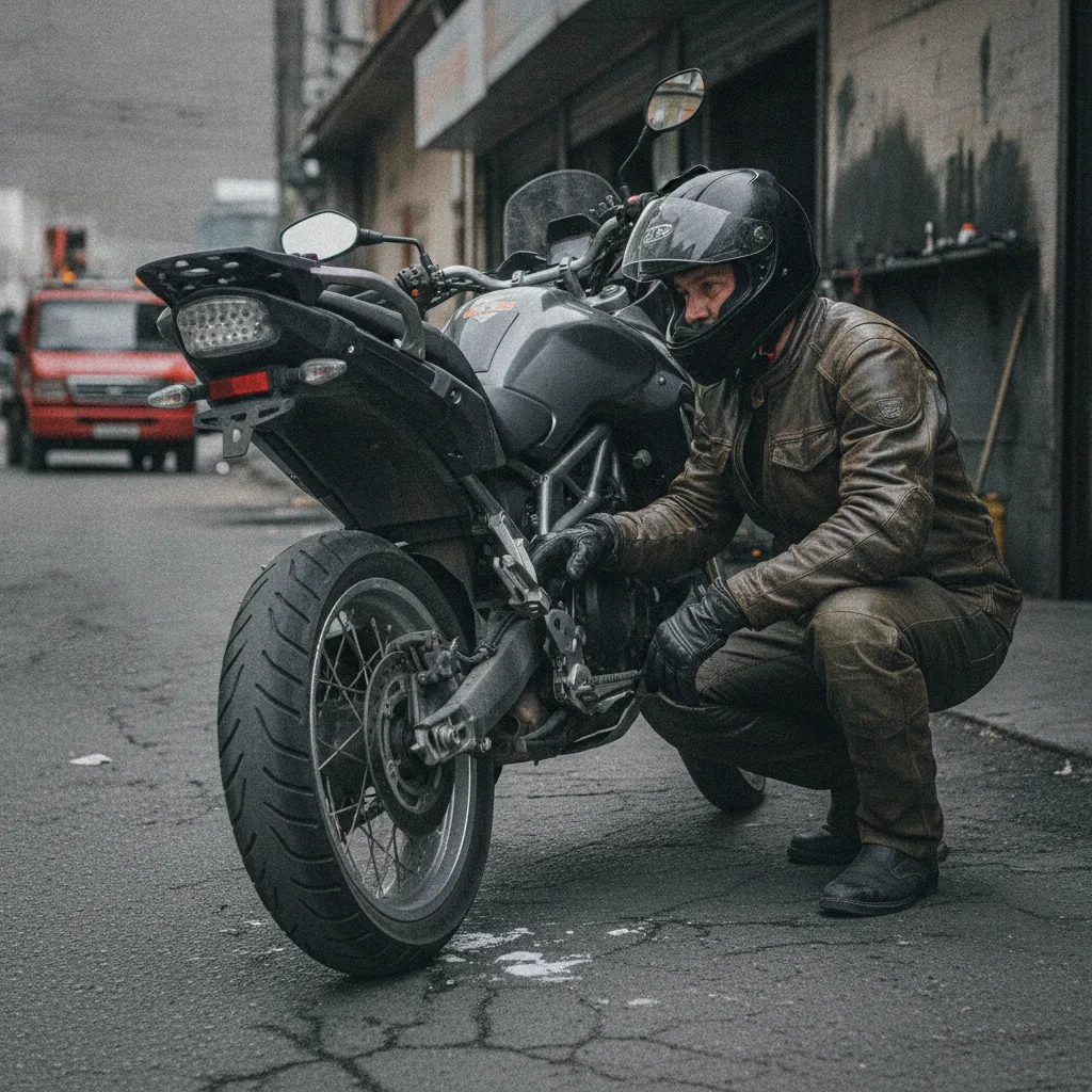 Pneu de moto em detalhe, contrastando a falha do spray com o selante preventivo é diferente