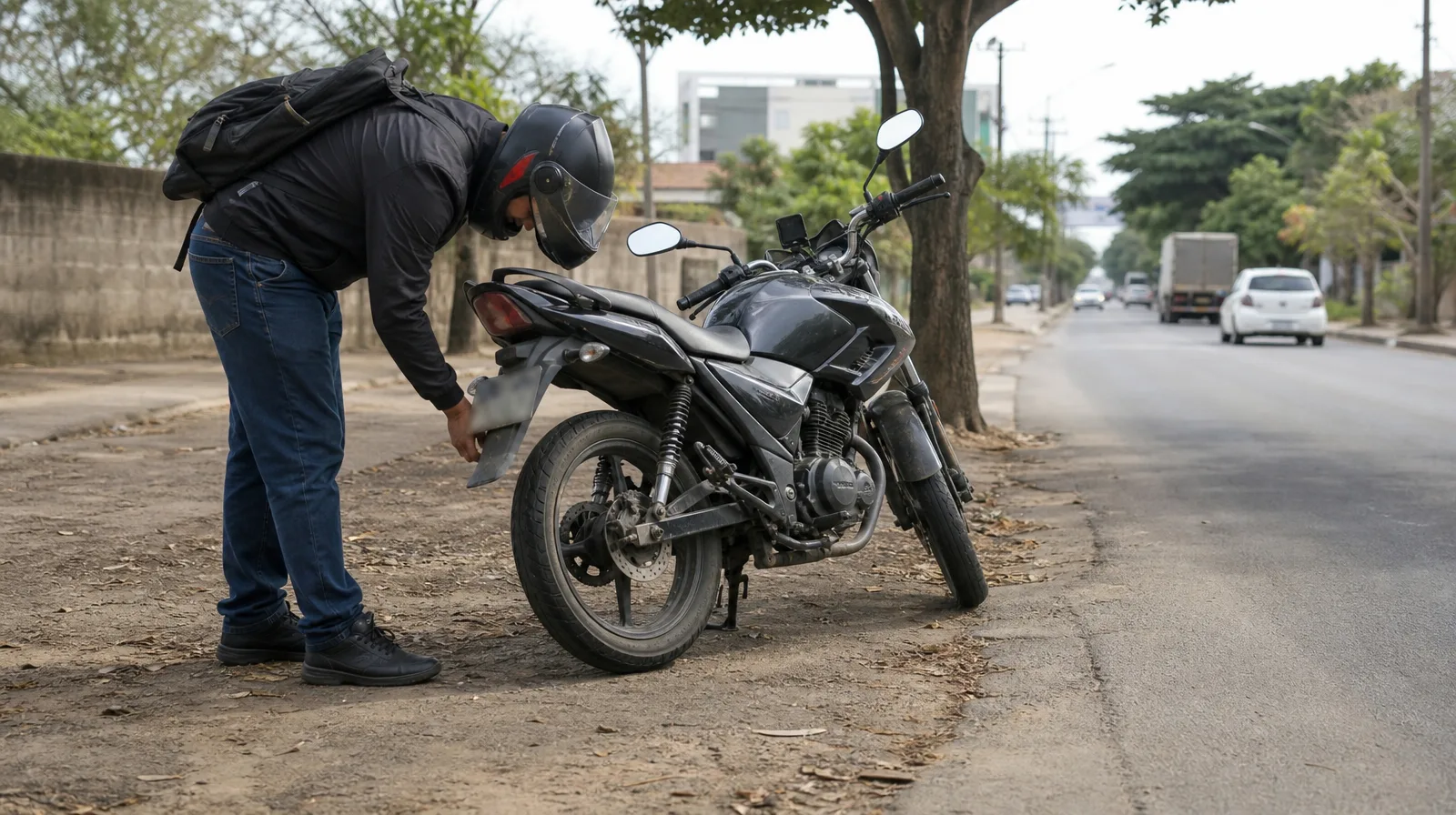 Pneu de motocicletas moto do governo se furar e responsabilidade da manutencao em oficina fotorrealista com foco técnico