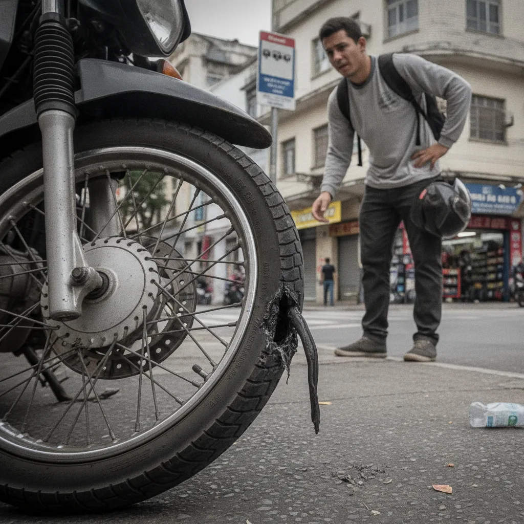 Pneu de motocicleta furado em close, evidenciando o custo real do furo para o entregador