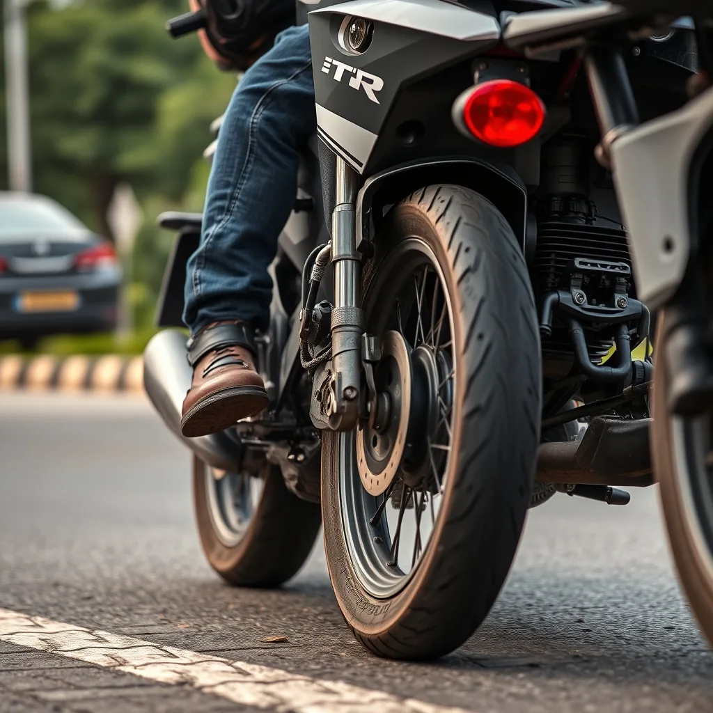 Pneu de moto robusto em rodovia, representando a segurança da blindagem de pneu de moto
